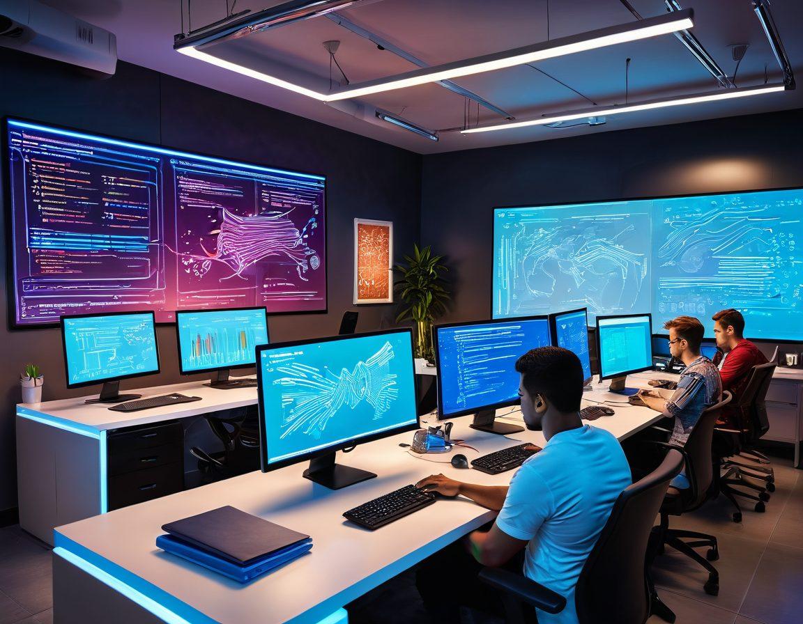 A sleek, modern workspace featuring a multi-monitor setup with code on screens, a creative mind-map on a whiteboard, and futuristic gadgets. A diverse team of developers brainstorming in the background. Vibrant colors and dynamic lighting enhance the atmosphere. Highly detailed illustration. super-realistic. vibrant colors.