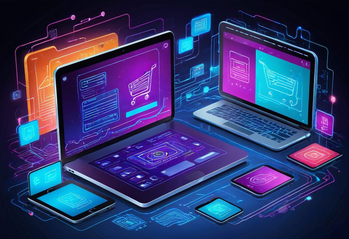 A vibrant digital scene showcasing sleek e-commerce interfaces on various devices like smartphones, tablets, and laptops, surrounded by abstract technological elements such as circuits and data streams. Include happy customers interacting and making online purchases. Emphasize innovation and user engagement. super-realistic. vibrant colors. modern style.
